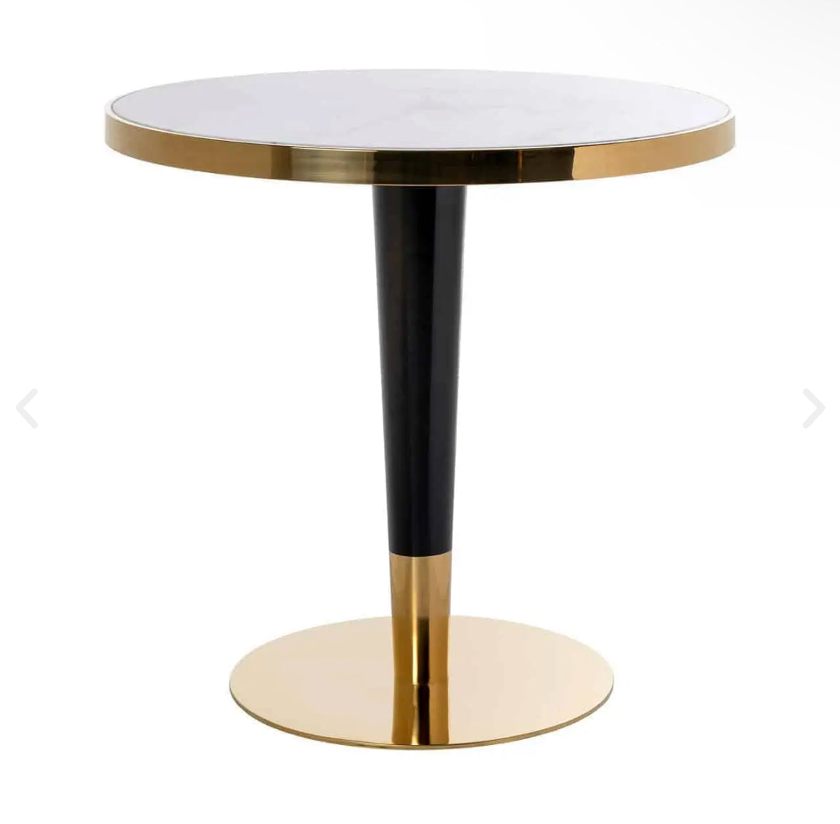 Small white marble top bistro dining table with black/gold accents