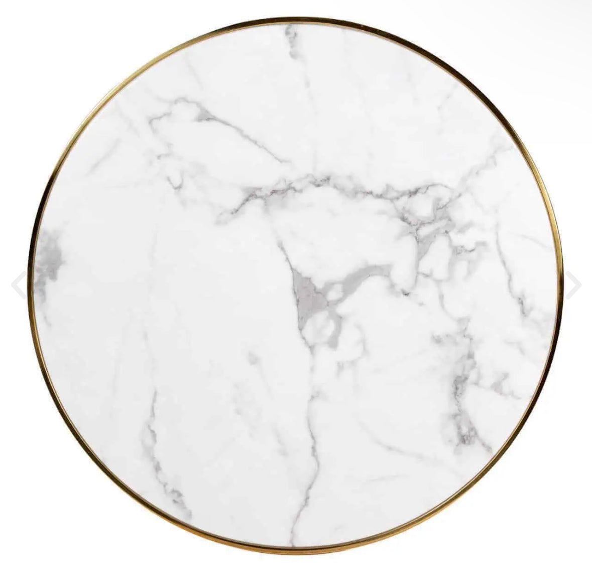 Small white marble top bistro dining table with black/gold accents
