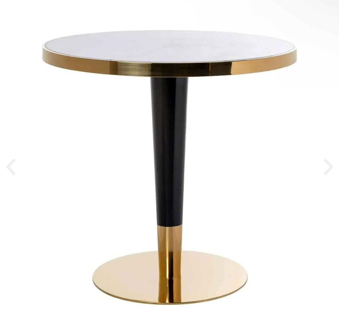Small white marble top bistro dining table with black/gold accents