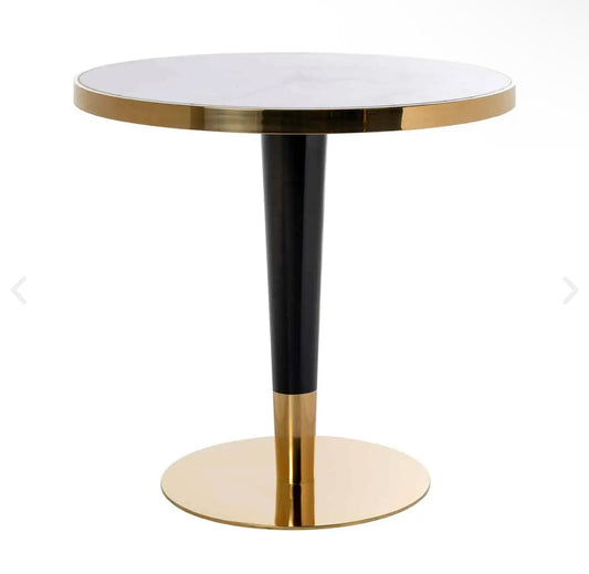 Small white marble top bistro dining table with black/gold accents